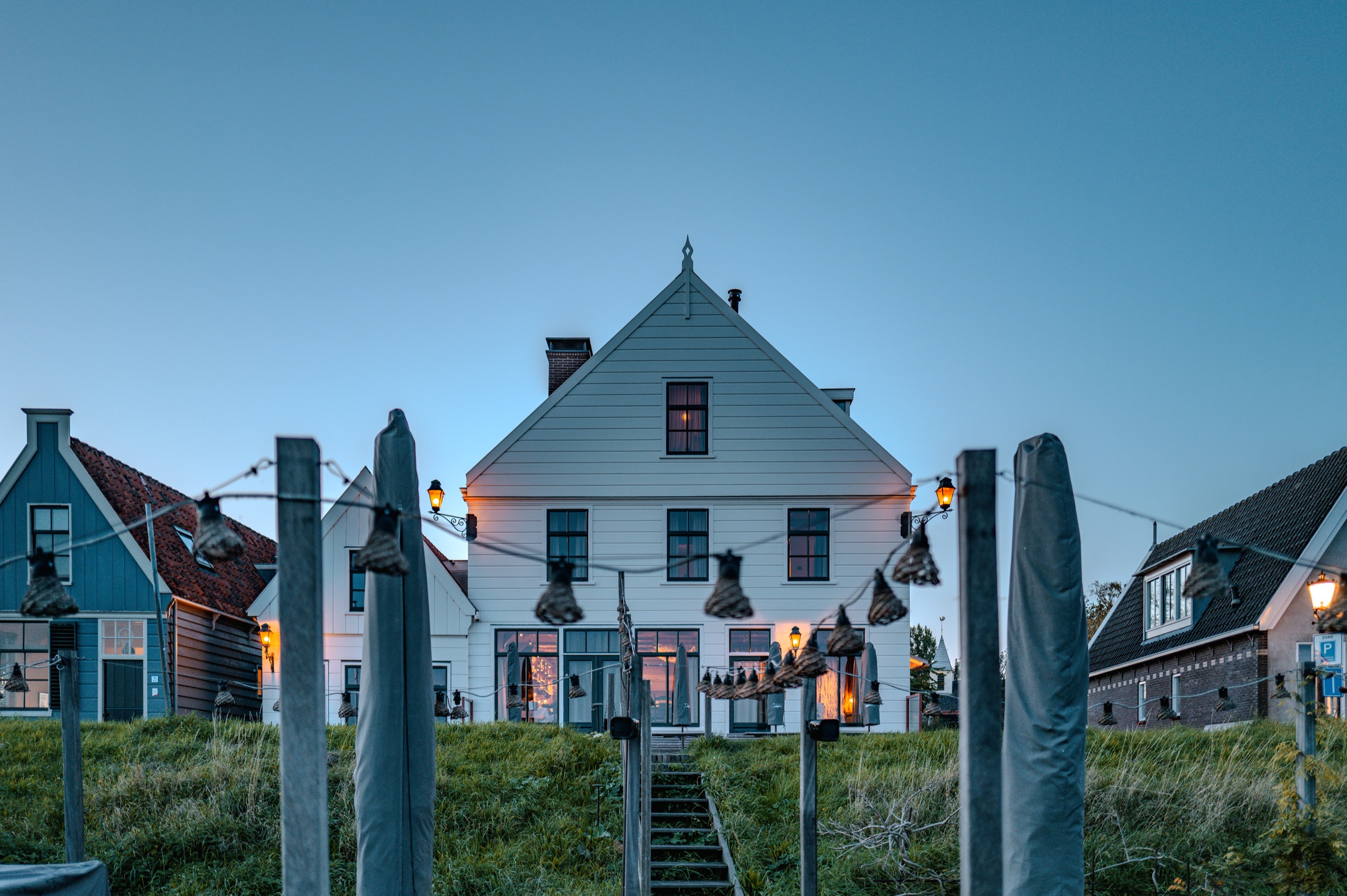 Wooden houses at dusk