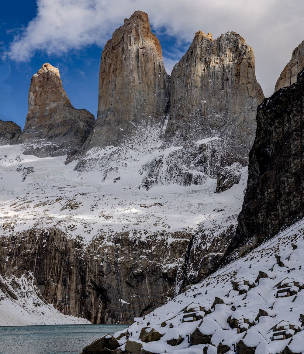 The towers of Torres del Paine under fresh snow